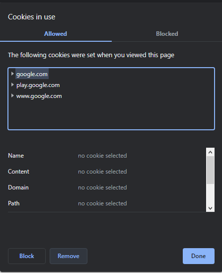 A screenshot of the active Cookies menu, including options to select Cookies if they exist, and block or remove them.