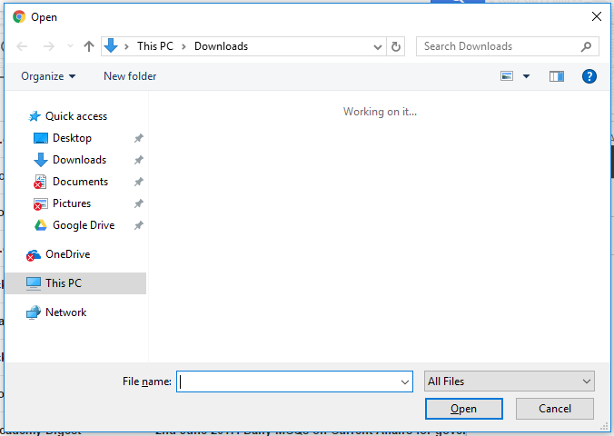 A screenshot of the Windows file selection dialog, which the user must use to navigate to the destination of the CTF and select it.